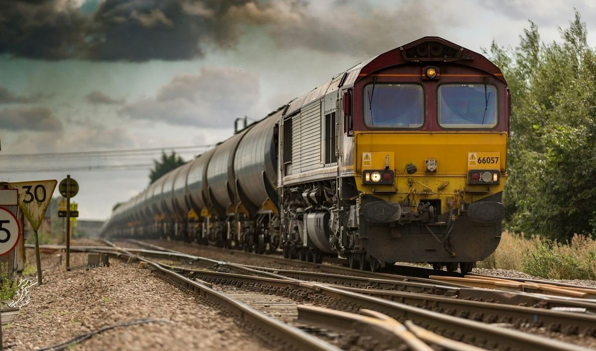 Freight train hauling tank wagons on a railway line